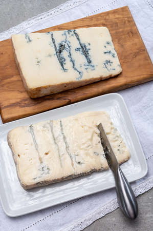 Italian food, buttery or firm blue cheese made from cow milk in Gorgonzola, Milan, Italy close upの写真素材