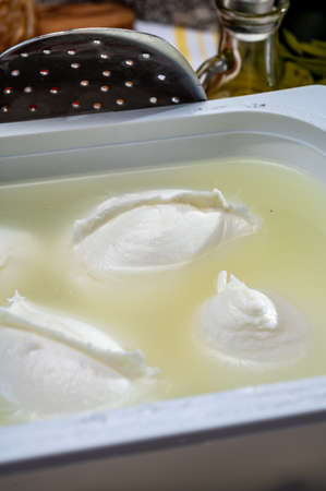 Cheese shop, fresh handmade soft Italian cheese from Campania, white balls of buffalo mozzarella cheese made from cow milk in container with water close upの写真素材