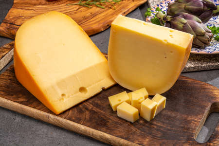 Cheese collection, Dutch ripe hard cheeses made from cow milk in the Netherlands close upの写真素材