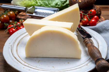 Cheese collection, Italian pasta filata aged cheese provolone from Cremona, Northwest of Italy, close upの写真素材