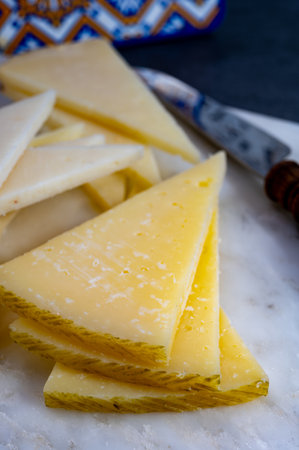 Spanish snacks tapas, variety of sliced goat, sheep, manchego cheeses, served in Andalusian interiorの写真素材