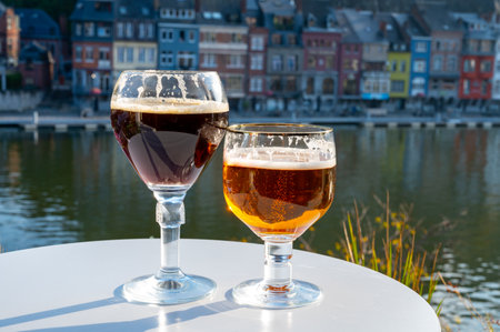Drinking of dark and strong Belgian abbey beer with cheeses in sunny day with nice view on Maas river and town Dinant, Belgiumの写真素材