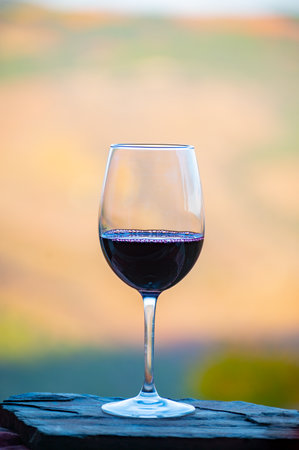 Glass of Portuguese red dry wine, produced in Douro Valley and colorful old terraced vineyards on...
