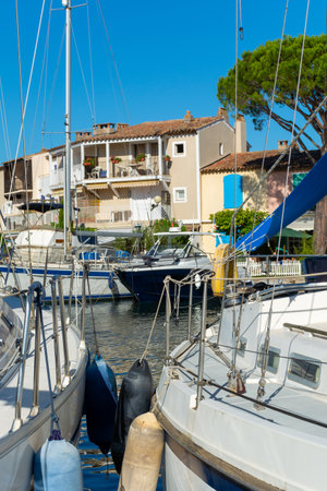 Travel and summer vacation destination, view on houses, roofs, canals and boats in Port Grimaud, Var, Provence, French Riviera, Franceのeditorial素材