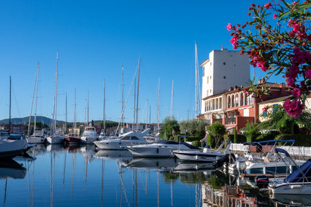 Travel and summer vacation destination, view on houses, roofs, canals and boats in Port Grimaud, Var, Provence, French Riviera, Franceのeditorial素材