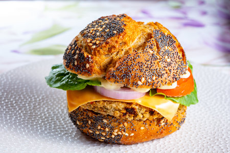 Tasty vegetarian fast or street food, homemade burgers made from orange lentils legumes with onion,...