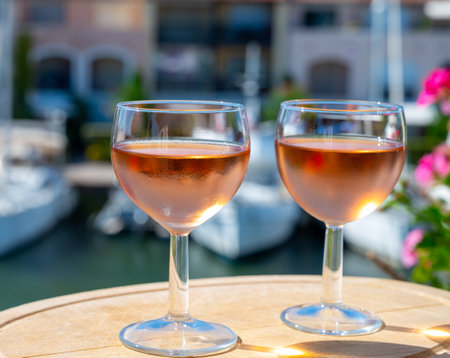 Tasting of local cold rose wine in summer with sail boats haven of Port grimaud on background, Provence, Var, Franceの写真素材