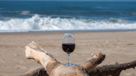 Tasting of different fortified dessert ruby, tawny port wines in glass on sandy beach with view on waves of Atlantic ocean near Vila Nova de Gaia and city of Porto, Portugalの写真素材