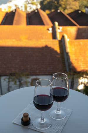Tasting of different fortified dessert ruby, tawny port wines in glasses with view on Douro river,...