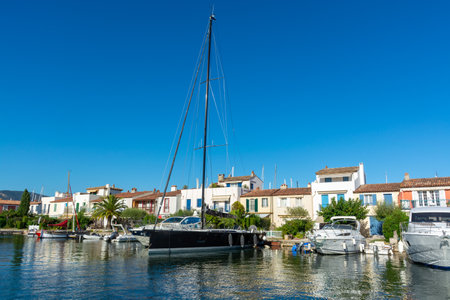 Travel and summer vacation destination, view on houses, roofs, canals and boats in Port Grimaud, Var, Provence, French Riviera, Franceのeditorial素材