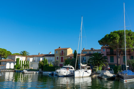Travel and summer vacation destination, view on houses, roofs, canals and boats in Port Grimaud, Var, Provence, French Riviera, Franceのeditorial素材