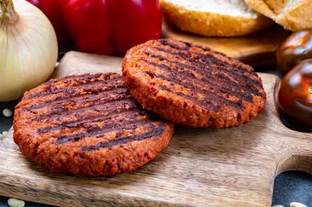 Tasty grilled burger made with vegetarian plant based imitation minced soya beans meatの写真素材