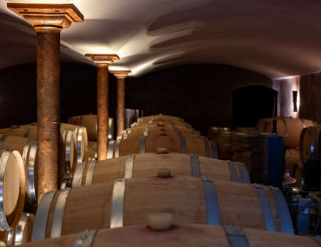 Cave with many wine casks on wine domain in Cotes de Provence near Collobrieres, region Provence,...