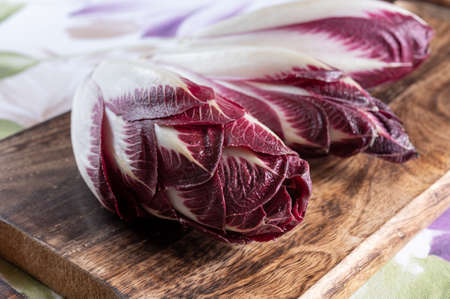 Healthy food, fresh Belgian endive red chicory lof lettuce close upの写真素材