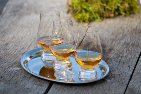 Tasting glasses of finest scotch whiskey strong drink on old outdoor wooden table