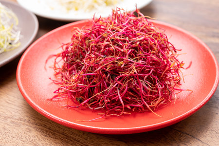 Healthy food, young sprouts plants or red beet ready for consumptionの写真素材