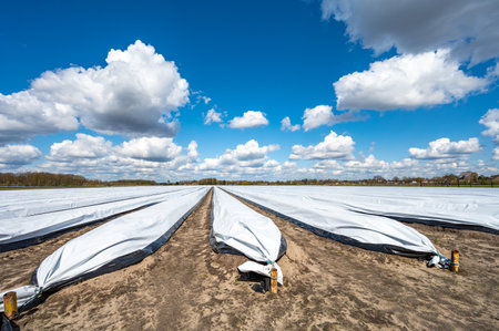 Agriculture in Netherlands, white asparagus fields covered with plastic film in spring, landscape photoの写真素材