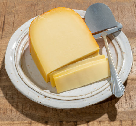 Cheese collection, piece of young Dutch gouda cheese made from cow milk in Netherlands close upの写真素材