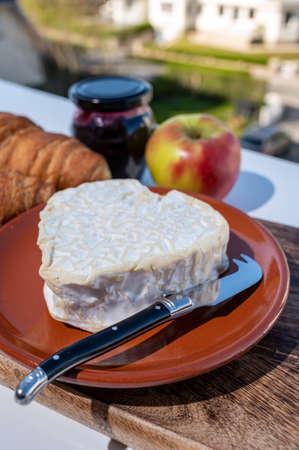 French breakfast with fresh baked croissants and cheeses from Normandy, heart-shaped neufchatel served outdoor with nice French village viewの写真素材