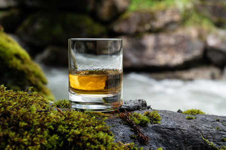 Glass of strong scotch single malt whiskey with fast flowing mountain river on background, Scotlandの素材 [FY310172020851]