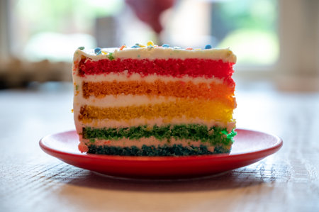 Piece of fresh baked colorful birthday cake close up