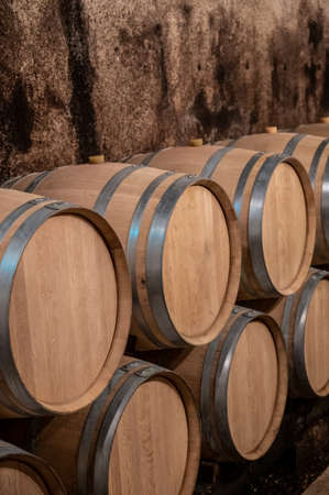 Keeping for years of dry red wine in new oak barrels in caves in Burgundy, made from pinot noir...