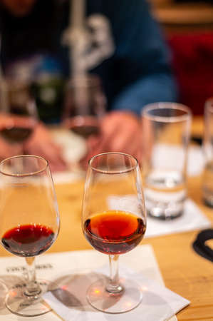 Professional tasting of different fortified dessert ruby, tawny port wines in glasses in wine...
