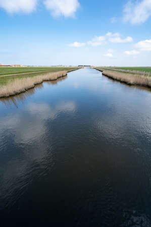 Dutch landscape, polders and water channels in Zeeland, Netherlands in sunny dayの写真素材