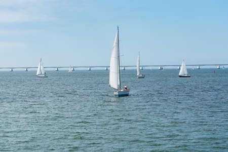 View on longest bridge in the Netherlands, Zealand bridge spans Eastern Scheldt estuary, connects...
