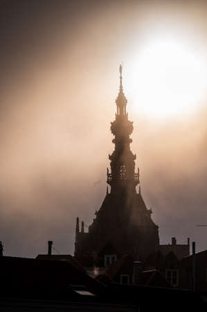 View on old church in historical town Zierikzee during storm, Zeeland, Netherlandsの写真素材