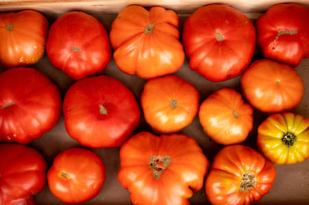 Tasty big ripe french tomatoes in wooden boxes on farmers market in Provence in summer