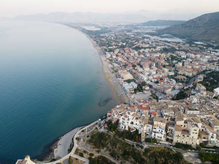 Aerial view on old and new parts of Sperlonga, ancient Italian city in province Latina on Tyrrhenian sea, tourists summer vacaton destinationの写真素材