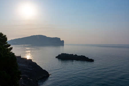 Sunrise on sandy beaches near Gaeta, ancient Italian city in province Latina, Tyrrhenian seaの写真素材