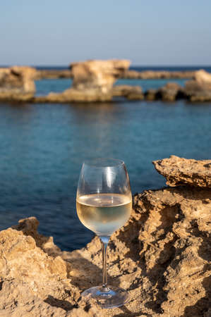 Glass of cold white dry white wine served on rocks with view on blue sea water near Protaras touristic town on Cyprusの写真素材