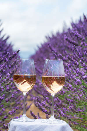 Summer in French Provence, cold gris rose wine from Cotes de Provence and blossoming colorful lavender fields on Valensole plateau, tastes and aromas of Provence, Franceの写真素材