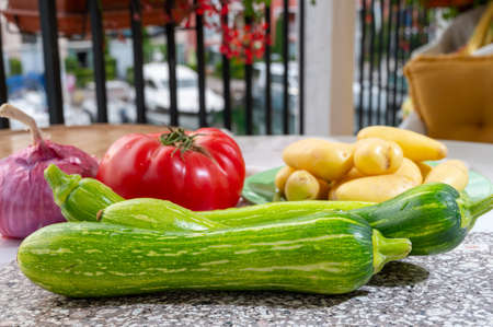 Fresh green long squash zucchini gevetables from Nice ready to cook, Provence, Franceの写真素材