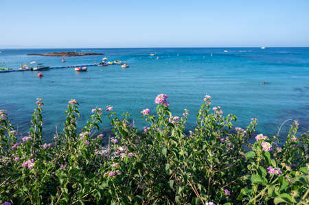 Crystal clear blue water of Mediterranean sea on white sandy Fig tree beach in Protaras, Cyprusの写真素材