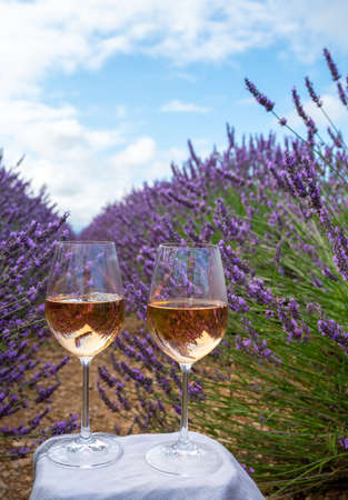Summer in French Provence, cold gris rose wine from Cotes de Provence and blossoming colorful...
