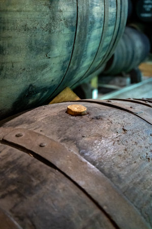 Old porto lodge with rows of oak wooden casks for slow aging of fortified ruby or tawny porto wine in Vila Nova de Gaia, north of Portugalの写真素材