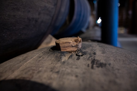 Cork close up, old porto lodge with rows of oak wooden casks for slow aging of fortified ruby or tawny porto wine in Vila Nova de Gaia, north of Portugalの写真素材