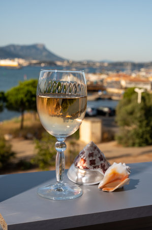 Summer on French Riviera, drinking of cold white or rose gris wine from Cotes de Provence on outdoor terrase with view on harbor of Toulon, Var, France and sea shellsの写真素材