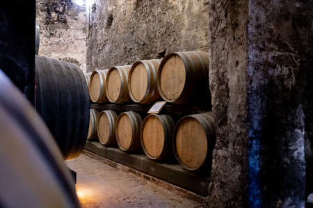 Medieval underground wine cellars with old red wine barrels for aging of vino nobile di...