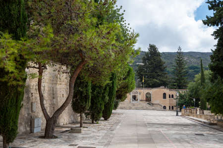 View on walls and buildings of Agios Neophytos mountain Monastery on Cyprus