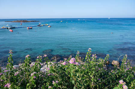 Crystal clear blue water of Mediterranean sea on white sandy Fig tree beach in Protaras, Cyprusの写真素材