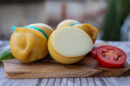 Italian cheeses collection, smoked scamorza pear shaped cheese from small cheese farm in South Italy made from cow milkの写真素材