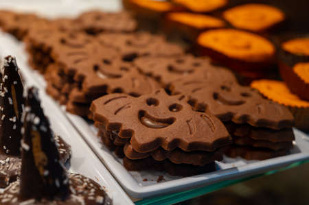 Funny Halloween homemade baked biscuits and cookies close upの写真素材
