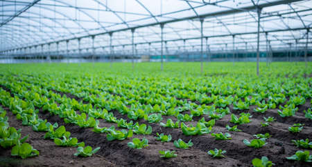 Italian greenhouse with rows of young organic green lettuce salad plants, agriculture of Lazio, Italyの写真素材