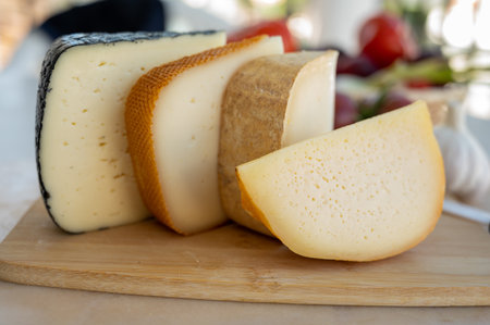Cheese collection, French fol epi cheese with many little holes, etorki, tomme noire des pyrenees and ossau iraty cheeses close upの写真素材