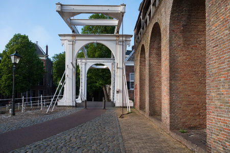 Walking in old Dutch town Zierikzee with old white bridge, small houses and streets, Zeeland, Netherlandsの写真素材