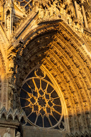 View in details on gothic Roman Catholic cathedral church Notre-Dame in central part of old French...